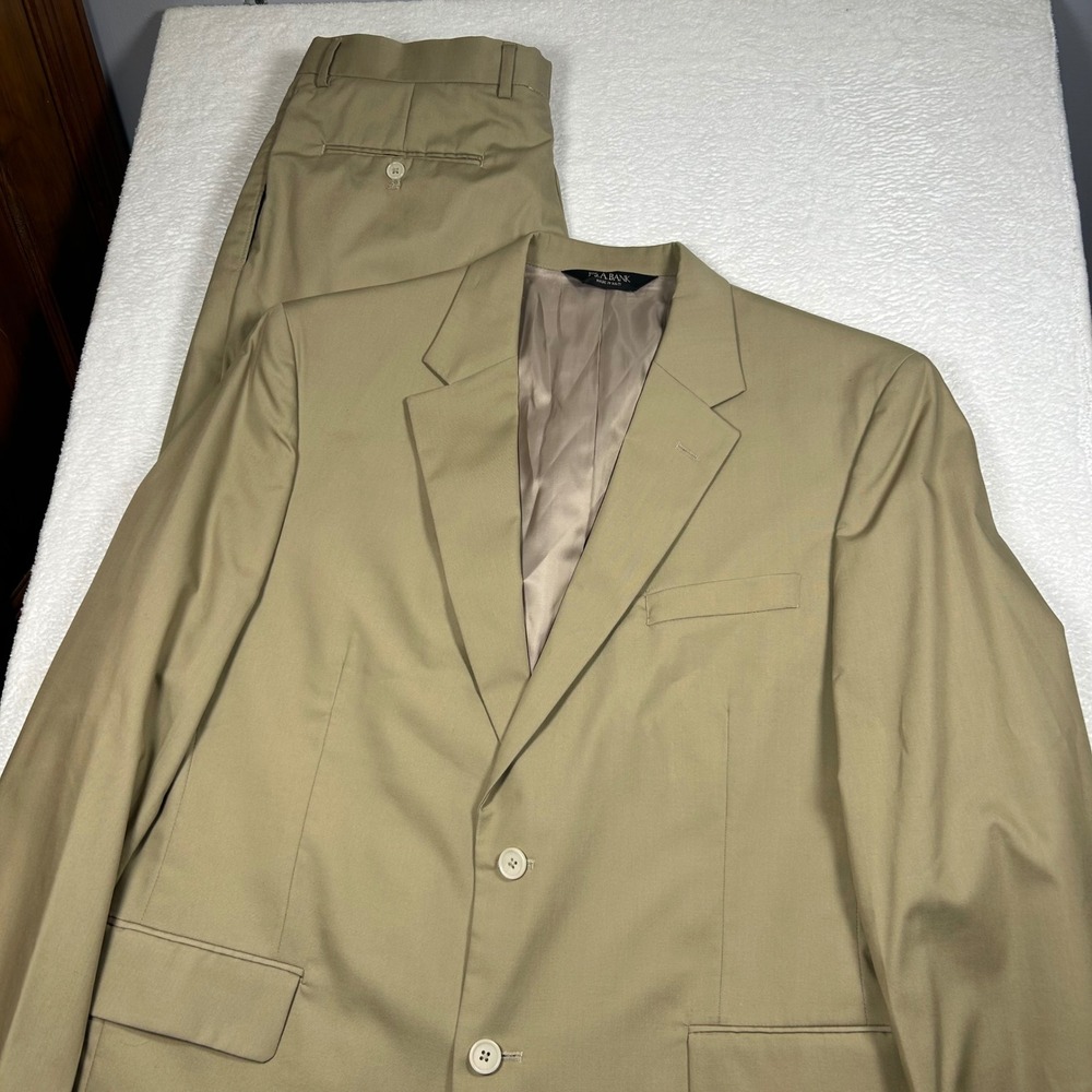 Jos. A. Bank 2 Piece Suit Pleated Cuffed Khaki Tan Men 43R 37x29 Cotton Blend